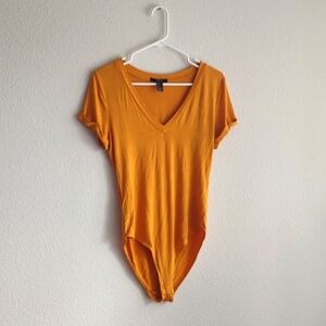 Forever 21 yellow mustard V Cut Short sleeve Bodysuit L